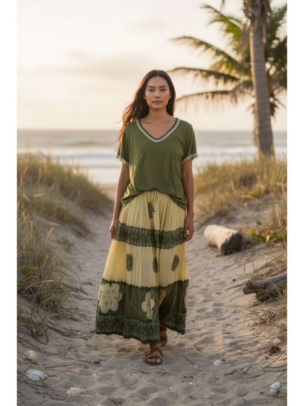 Veranesi Long Maxi Skirt & Top Set Large Green Pleated Flowy Floral Boho Gypsy - Picture 1 of 16